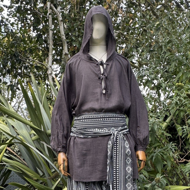 Hooded Medieval Shirt in  Grey Cotton & Linen