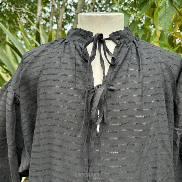 Medieval Shirt in Textured Black Cotton & Linen