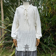 Hooded Medieval Shirt in White Cotton & Linen