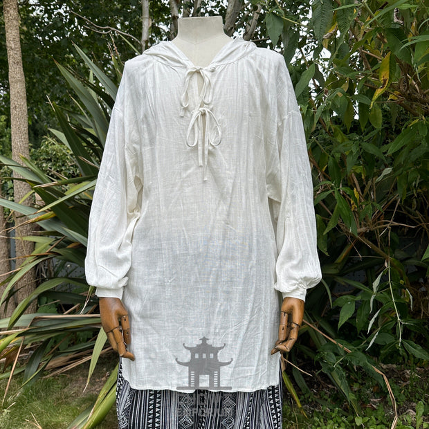 Hooded Medieval Shirt in White Cotton & Linen