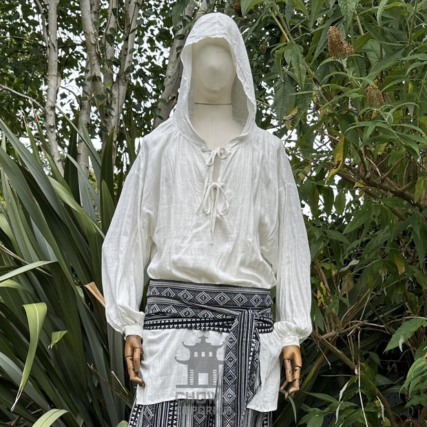 Hooded Medieval Shirt in White Cotton & Linen