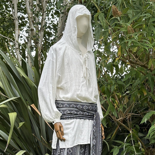 Hooded Medieval Shirt in White Cotton & Linen