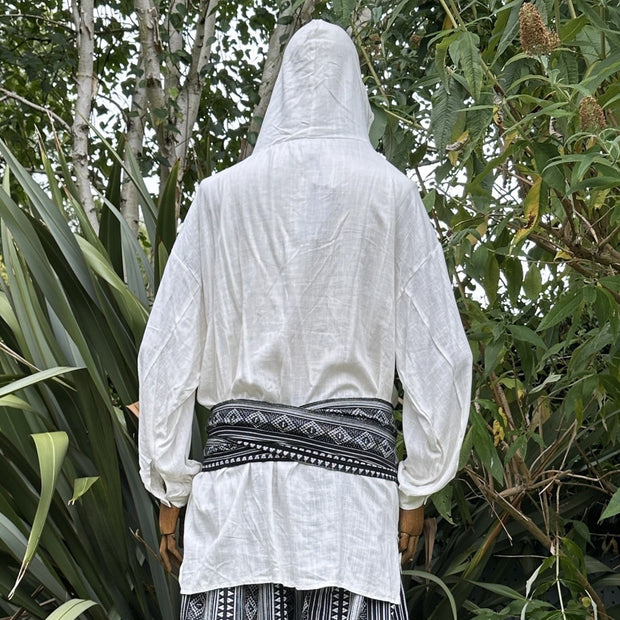 Hooded Medieval Shirt in White Cotton & Linen