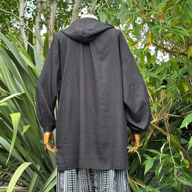Hooded Medieval Shirt in Black Cotton & Linen