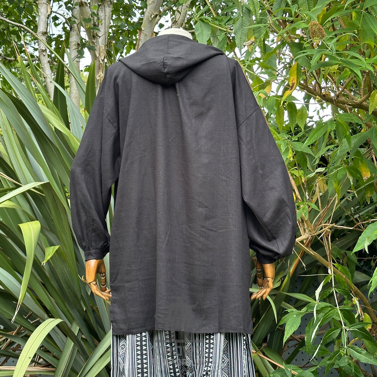 Hooded Medieval Shirt in Black Cotton & Linen