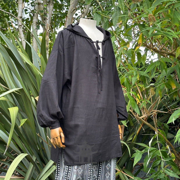 Hooded Medieval Shirt in Black Cotton & Linen