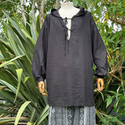 Hooded Medieval Shirt in Black Cotton & Linen