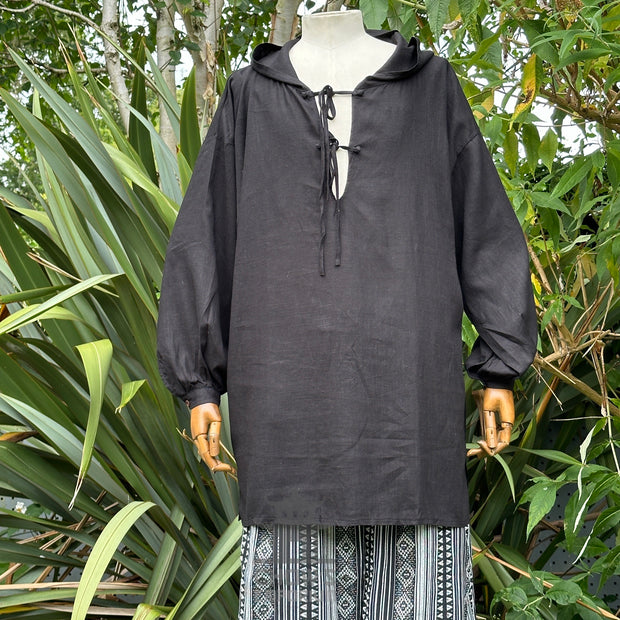 Hooded Medieval Shirt in Black Cotton & Linen