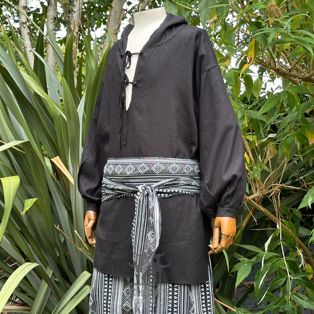 Hooded Medieval Shirt in Black Cotton & Linen