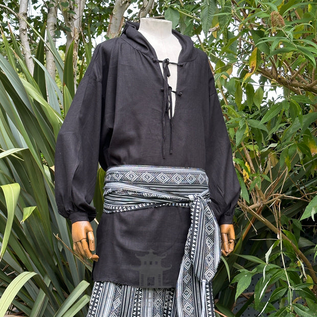 Hooded Medieval Shirt in Black Cotton & Linen