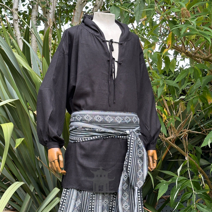 Hooded Medieval Shirt in Black Cotton & Linen
