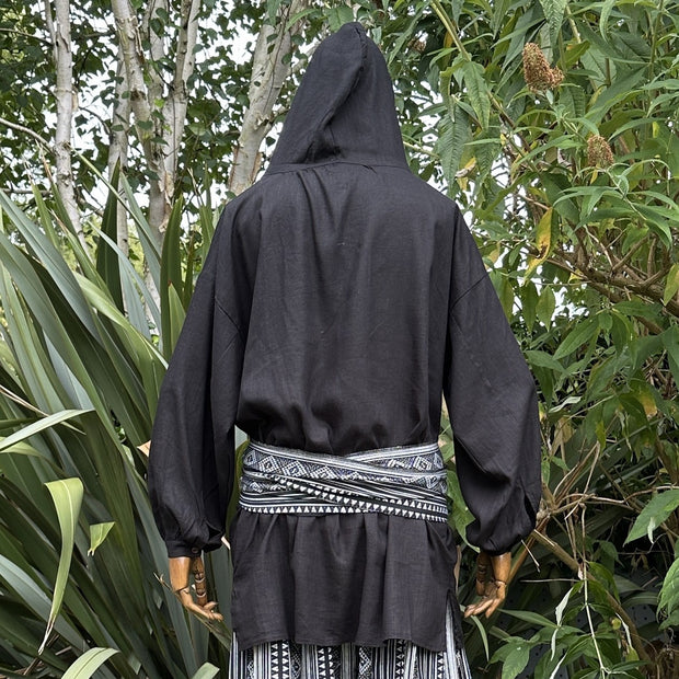 Hooded Medieval Shirt in Black Cotton & Linen