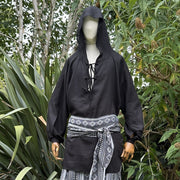 Hooded Medieval Shirt in Black Cotton & Linen