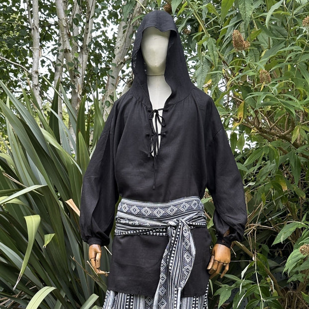 Hooded Medieval Shirt in Black Cotton & Linen