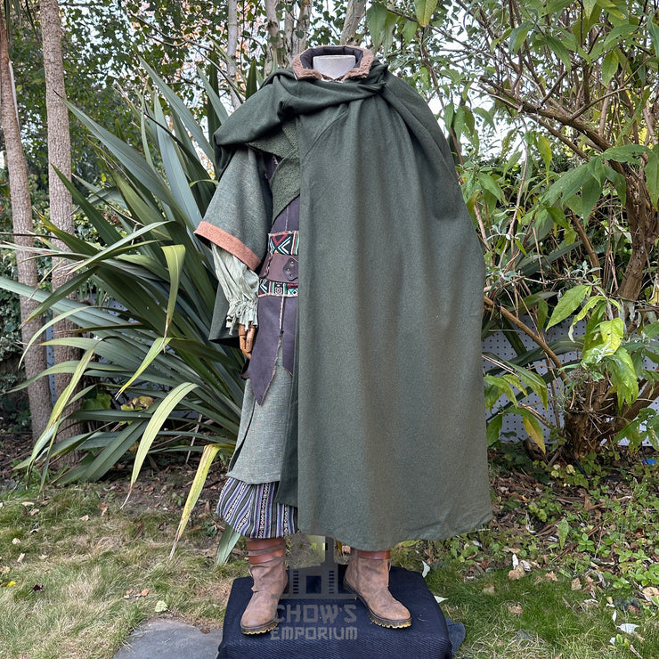 Green Four-way wool cloak with a pointed hood, designed for LARP and medieval reenactment with multiple styling options.