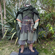 Green Four-way wool cloak with a pointed hood, designed for LARP and medieval reenactment with multiple styling options.