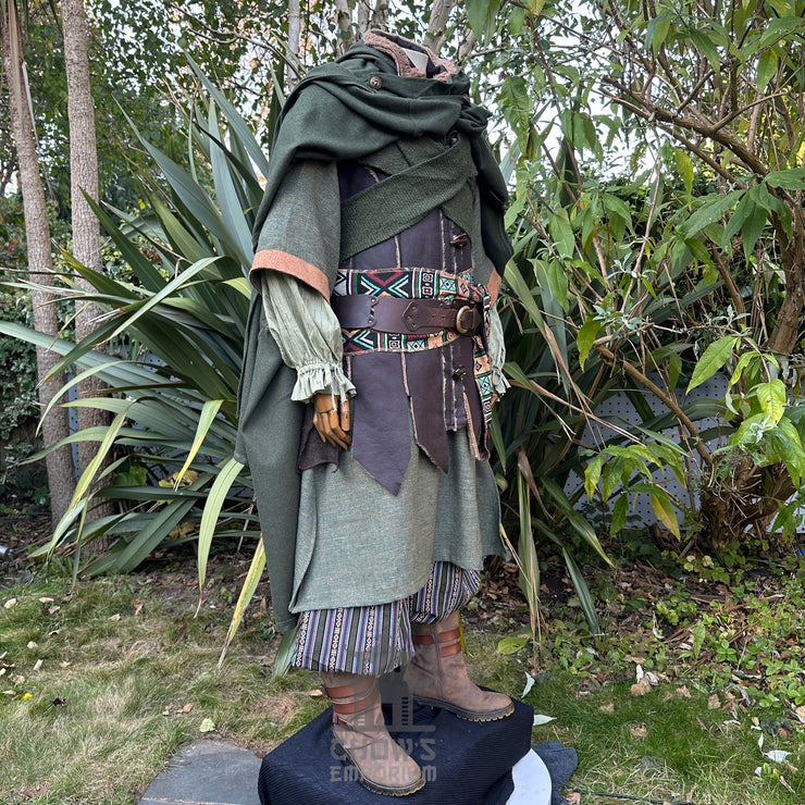 Green Four-way wool cloak with a pointed hood, designed for LARP and medieval reenactment with multiple styling options.