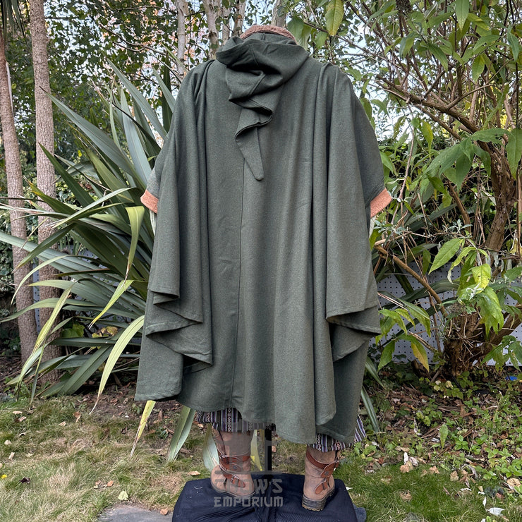 Green Four-way wool cloak with a pointed hood, designed for LARP and medieval reenactment with multiple styling options.