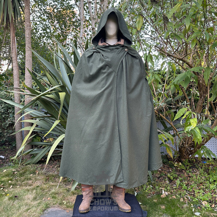 Green Four-way wool cloak with a pointed hood, designed for LARP and medieval reenactment with multiple styling options.