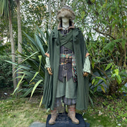 Green Four-way wool cloak with a pointed hood, designed for LARP and medieval reenactment with multiple styling options.