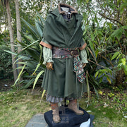 Green Four-way wool cloak with a pointed hood, designed for LARP and medieval reenactment with multiple styling options.