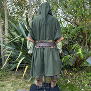 Green Four-way wool cloak with a pointed hood, designed for LARP and medieval reenactment with multiple styling options.