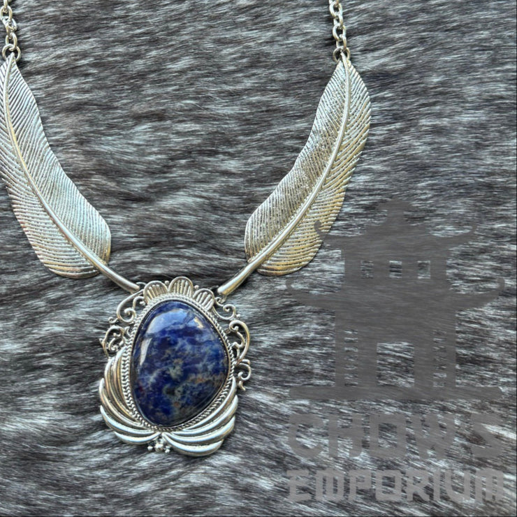 Silver and Blue Lapis Lazuli and Feather Necklace