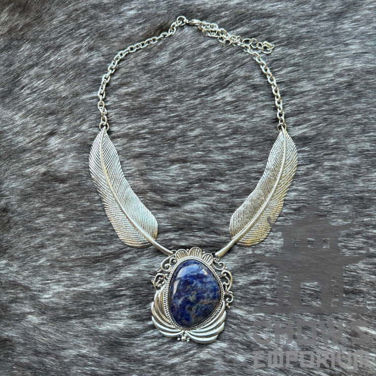 Silver and Blue Lapis Lazuli and Feather Necklace