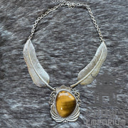 Silver and Amber Lapis Lazuli and Feather Necklace