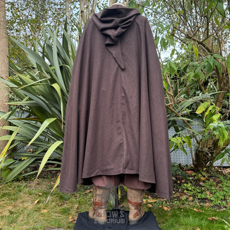 Brown Versatile 4-way wool cloak with a pointed hood, wind protection, and multiple styling options. Perfect for LARP, reenactment & historical costumes.