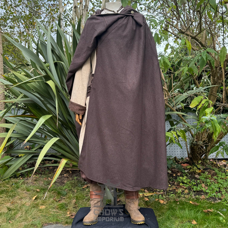 Brown Versatile 4-way wool cloak with a pointed hood, wind protection, and multiple styling options. Perfect for LARP, reenactment & historical costumes.