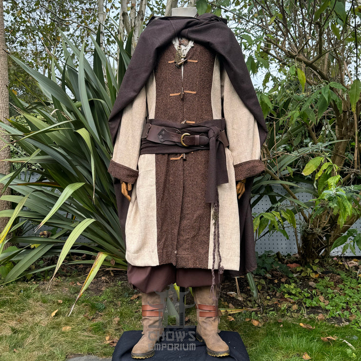 Brown Versatile 4-way wool cloak with a pointed hood, wind protection, and multiple styling options. Perfect for LARP, reenactment & historical costumes.