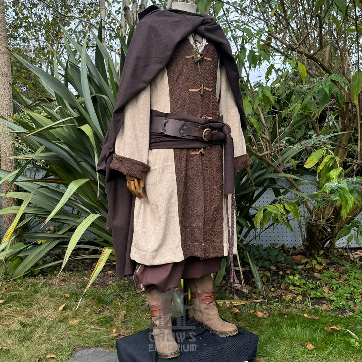 Brown Versatile 4-way wool cloak with a pointed hood, wind protection, and multiple styling options. Perfect for LARP, reenactment & historical costumes.