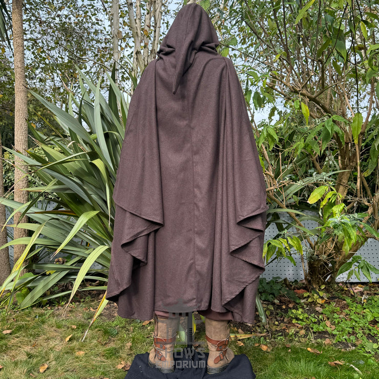 Brown Versatile 4-way wool cloak with a pointed hood, wind protection, and multiple styling options. Perfect for LARP, reenactment & historical costumes.