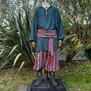 LARP outfit set with a breathable cotton shirt, customizable trousers, and a striped sash, ideal for historical cosplay and Renaissance Faires.