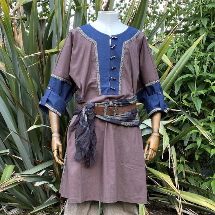 Viking Button Up Linen Tunic (Brown Blue)