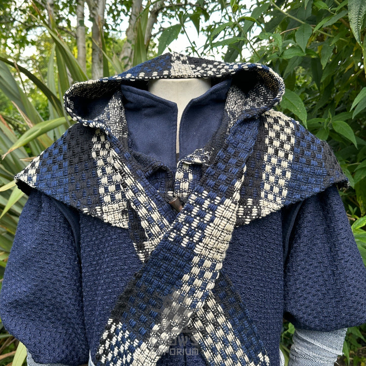 Blue & White Check Wool Wrap-Around Hood