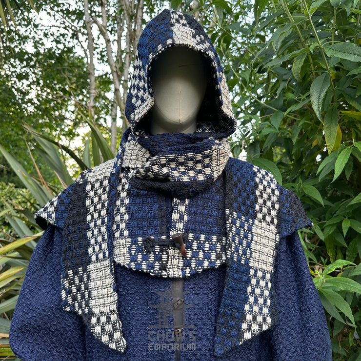 Blue & White Check Wool Wrap-Around Hood