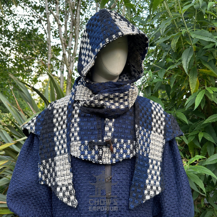 Blue & White Check Wool Wrap-Around Hood