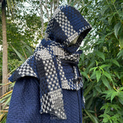 Blue & White Check Wool Wrap-Around Hood