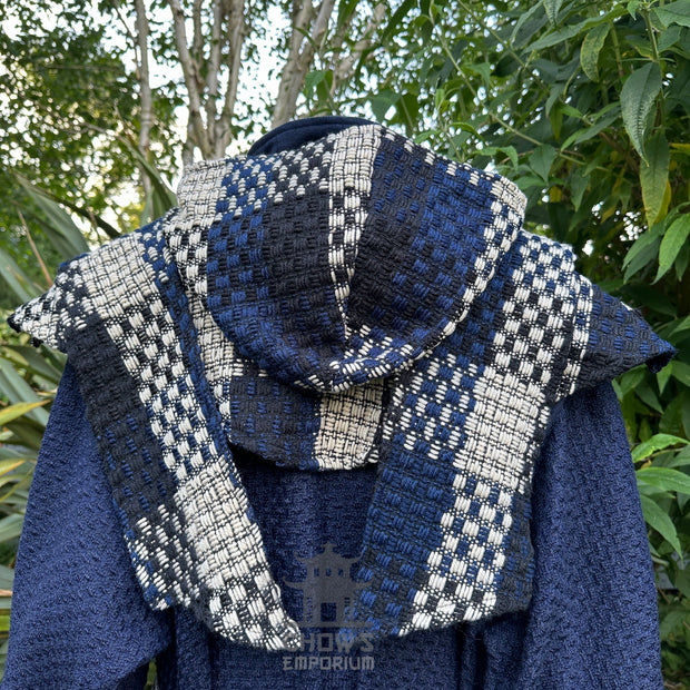 Blue & White Check Wool Wrap-Around Hood