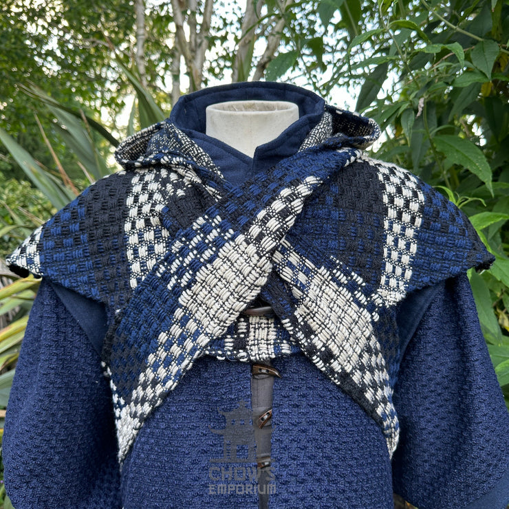 Blue & White Check Wool Wrap-Around Hood