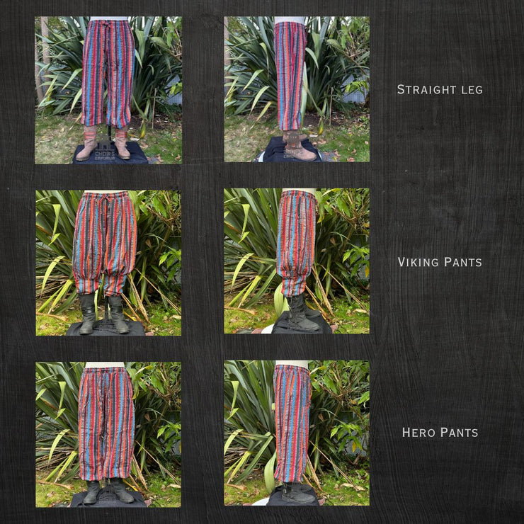 Choice of trousers in a red multi stripe pattern. Straight leg, viking pants, or hero pants.