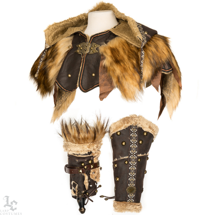 Ornate Faux Leather Hood And Vambrace Set (Brown)