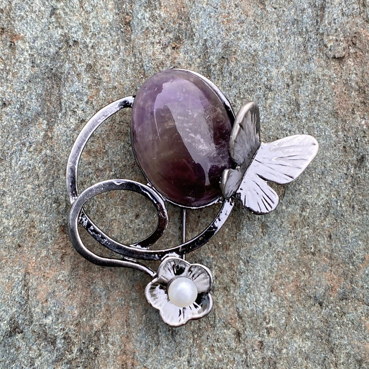 Brooch - Butterfly and Flower with Purple Gemstone