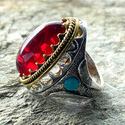 Gemstone Ring - Silver And Gold (Red)