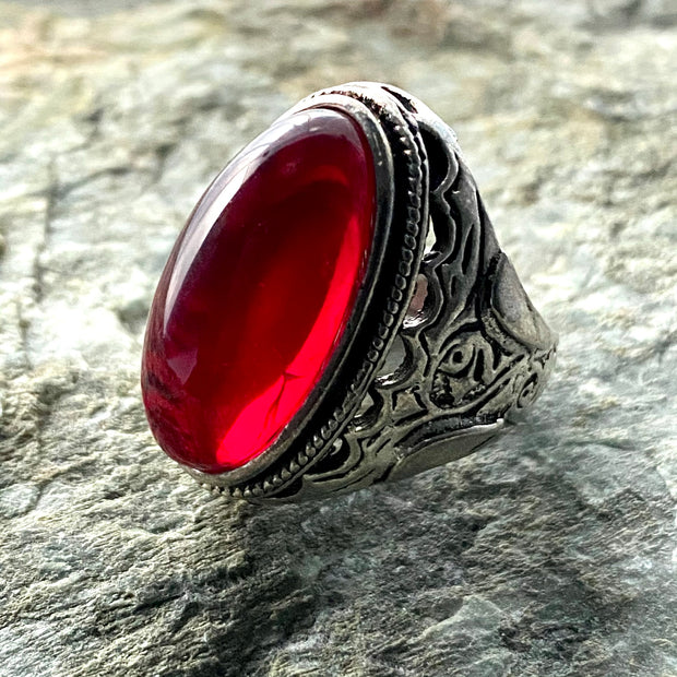 Large Gemstone Ring - Silver (Red)