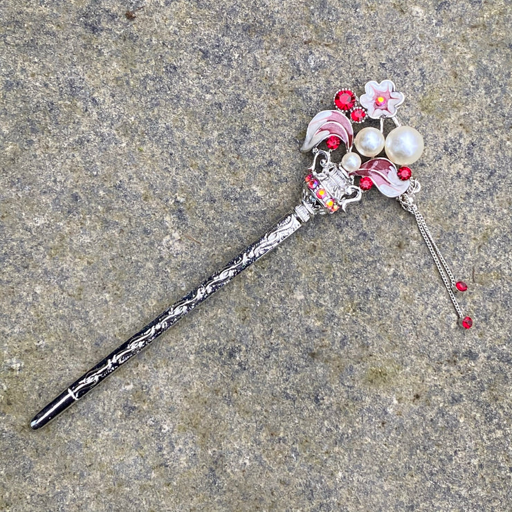 Hairpin, Leaves and Pearls (Red and Silver)
