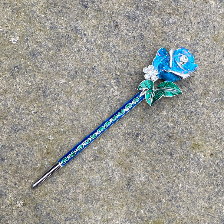 Hairpin, Decorated Rose (Silver and Blue)