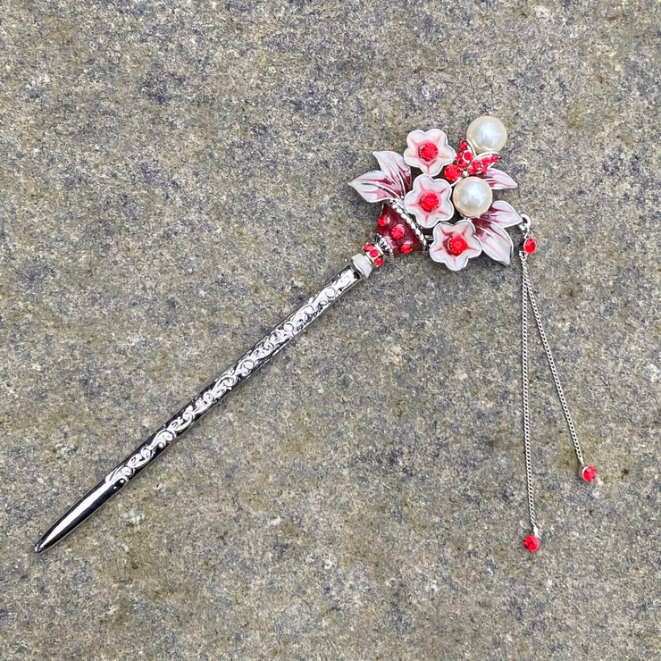 Hairpin, Flowers and Pearls (Silver and Red)